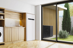 White laundry room inteior with wooden countertops and a built in washing machine. Side view 3d rendering mock up